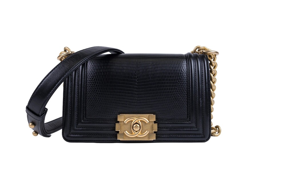 Chanel Black Boy Shoulder Bag Lizard Leather Gold Hardware Small